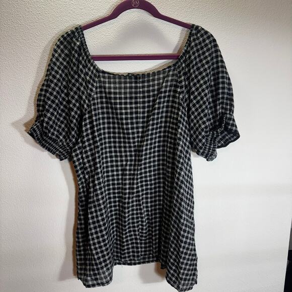 Lane Bryant Black White Plaid Peasant Button Front Top Size 16 Puff Sleeve Boho - Picture 3 of 6